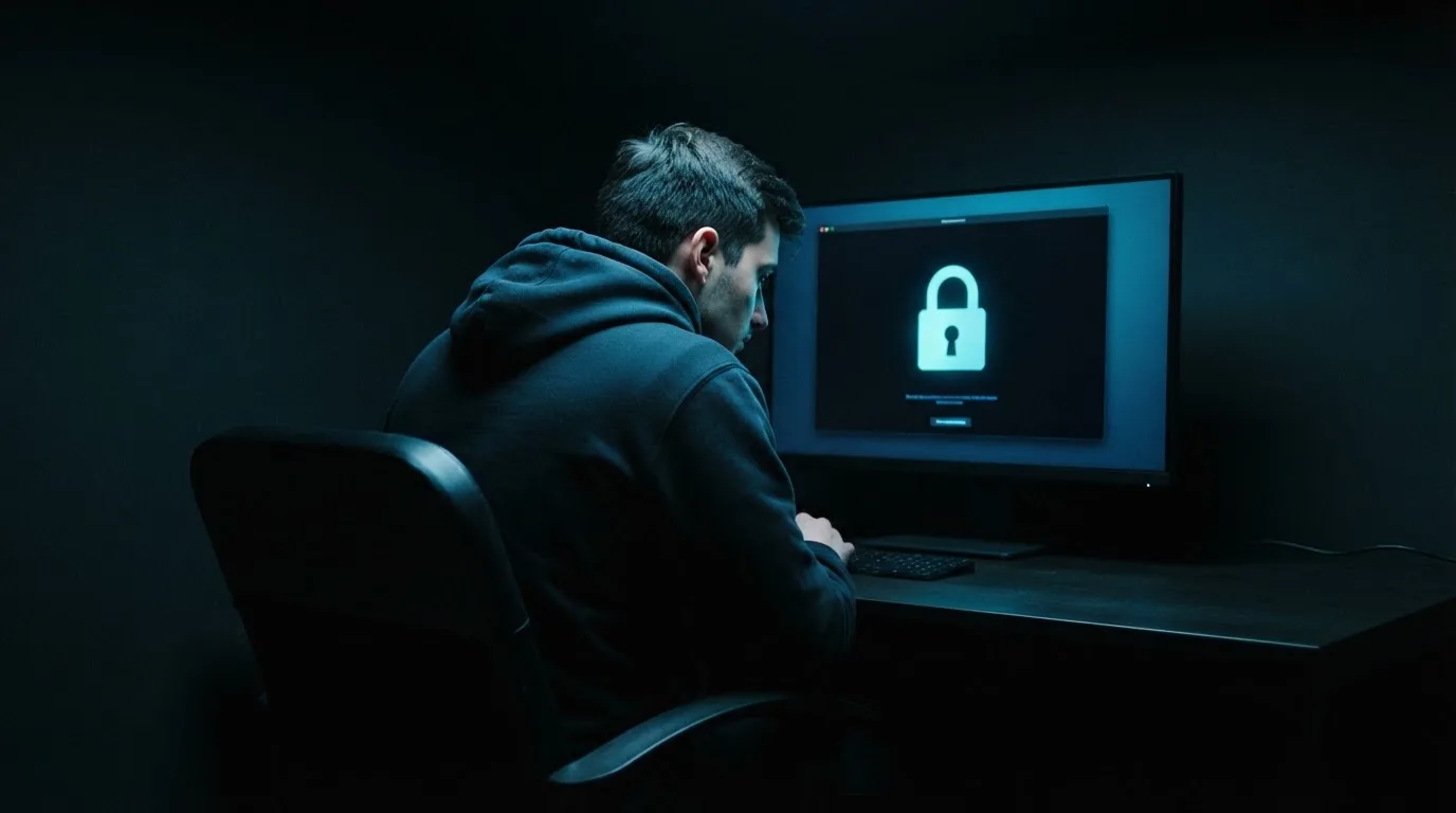 Muž v kapuci sedí v tmavé místnosti osvětlené jen modrým světlem monitoru.